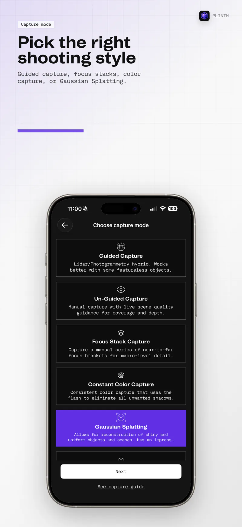 Plinth for iPhone: capture modes