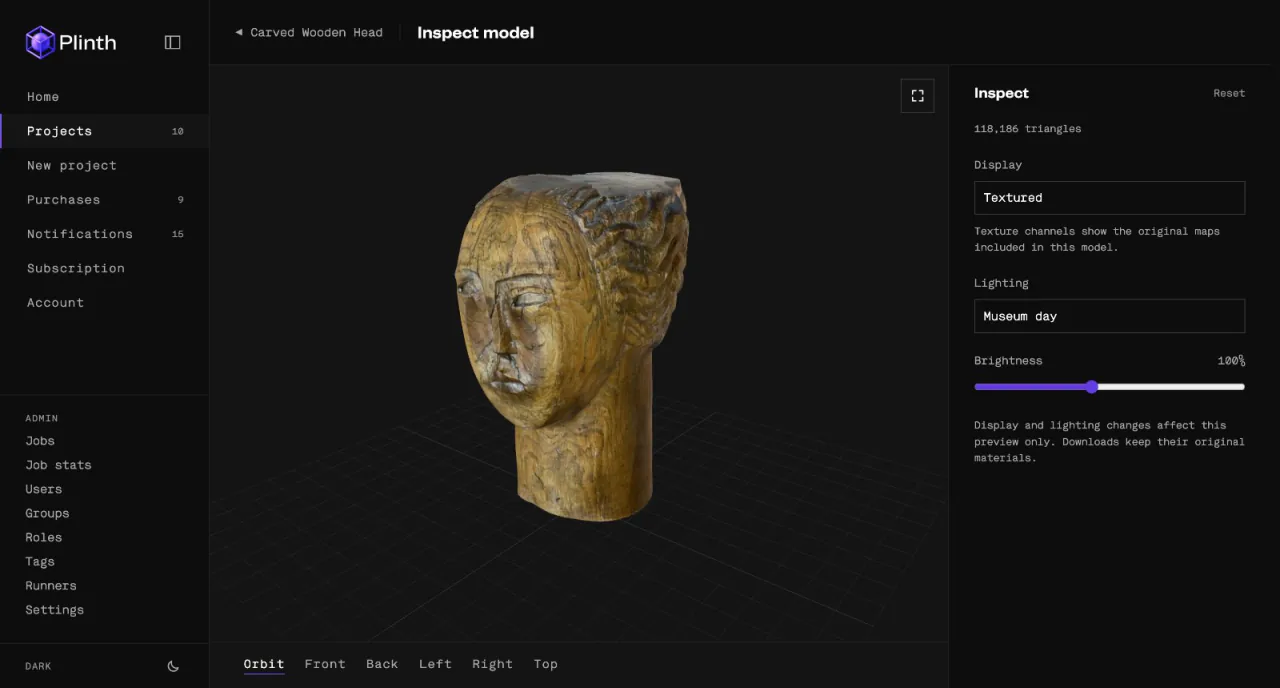 Plinth Web: inspect model with museum day lighting